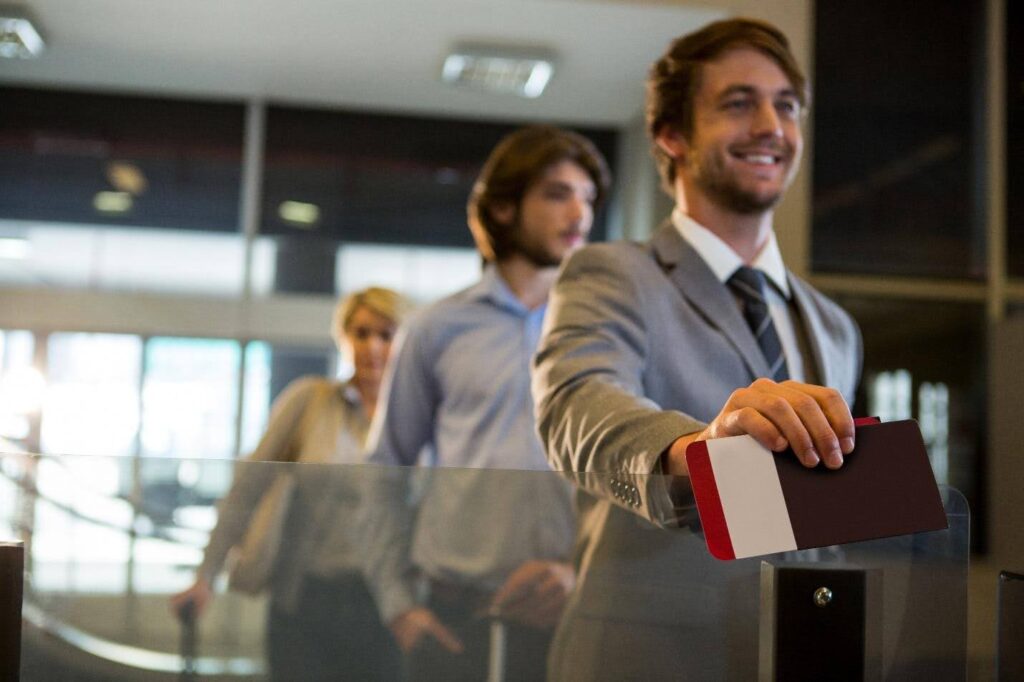 A man presenting his passport at the airport